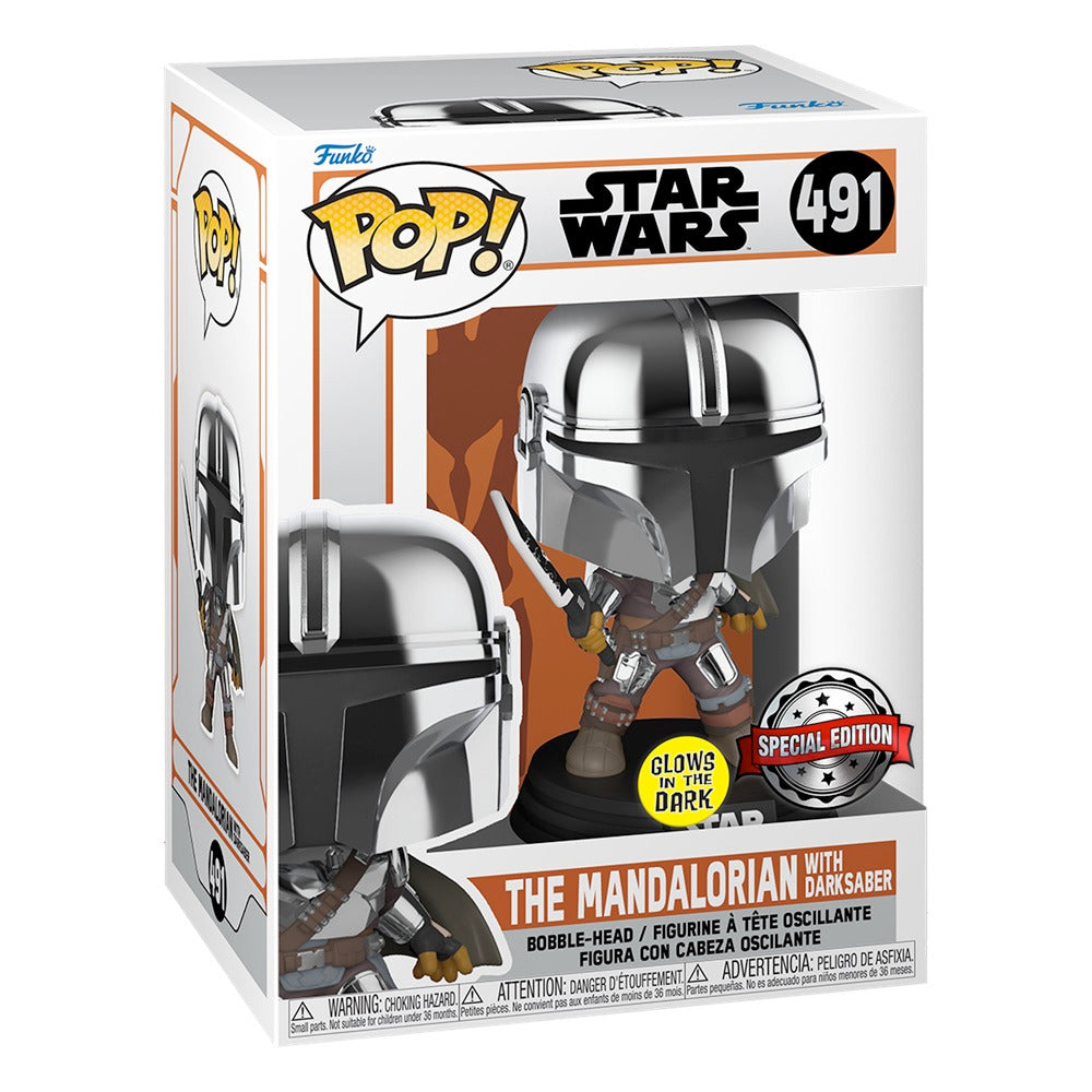 Funko Pop Star Wars: The Mandalorian - Mando Con Sable Oscuro Glow Metalico Exclusivo